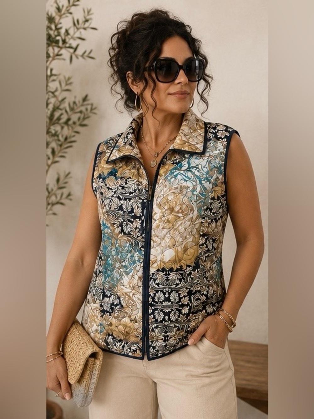 Chico’s Quilted Zip Front Patchwork Vest Size 1 Like New